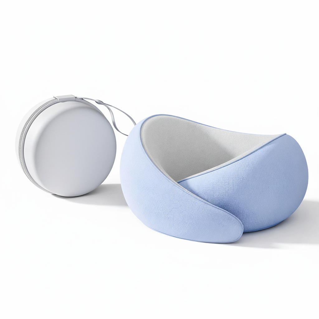 Light blue neck pillow with a white carrying case - travel accessories Australia