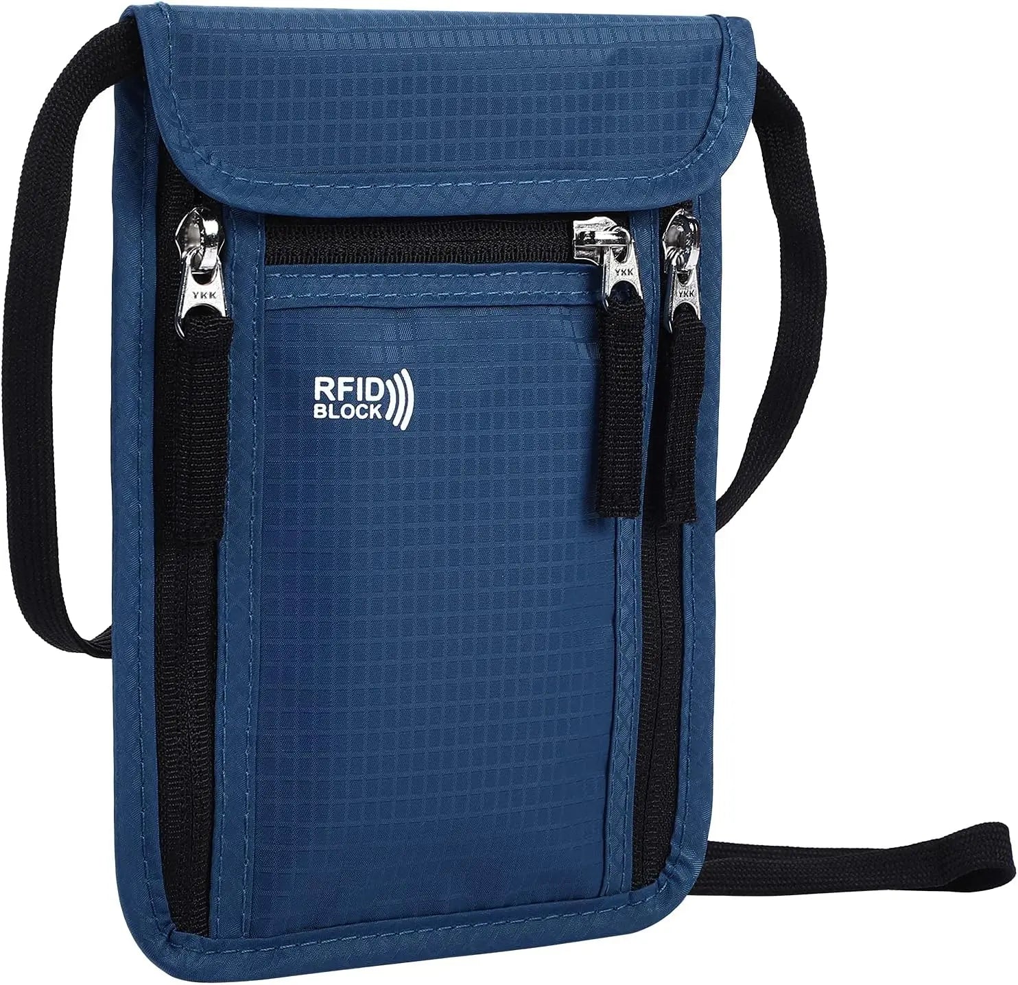 Blue RFID blocking pouch with black straps on a white background