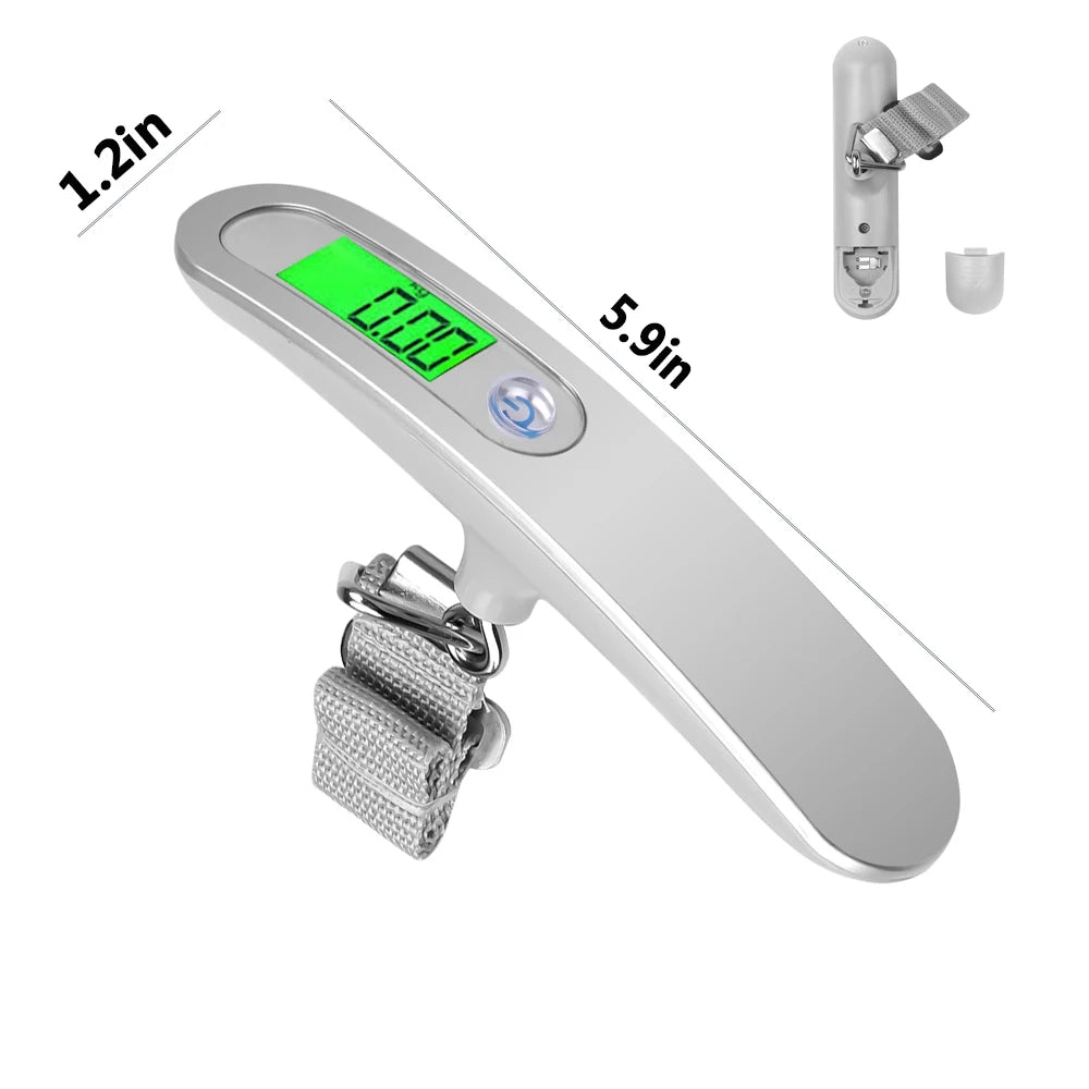 Digital luggage scale with measurements on a white background