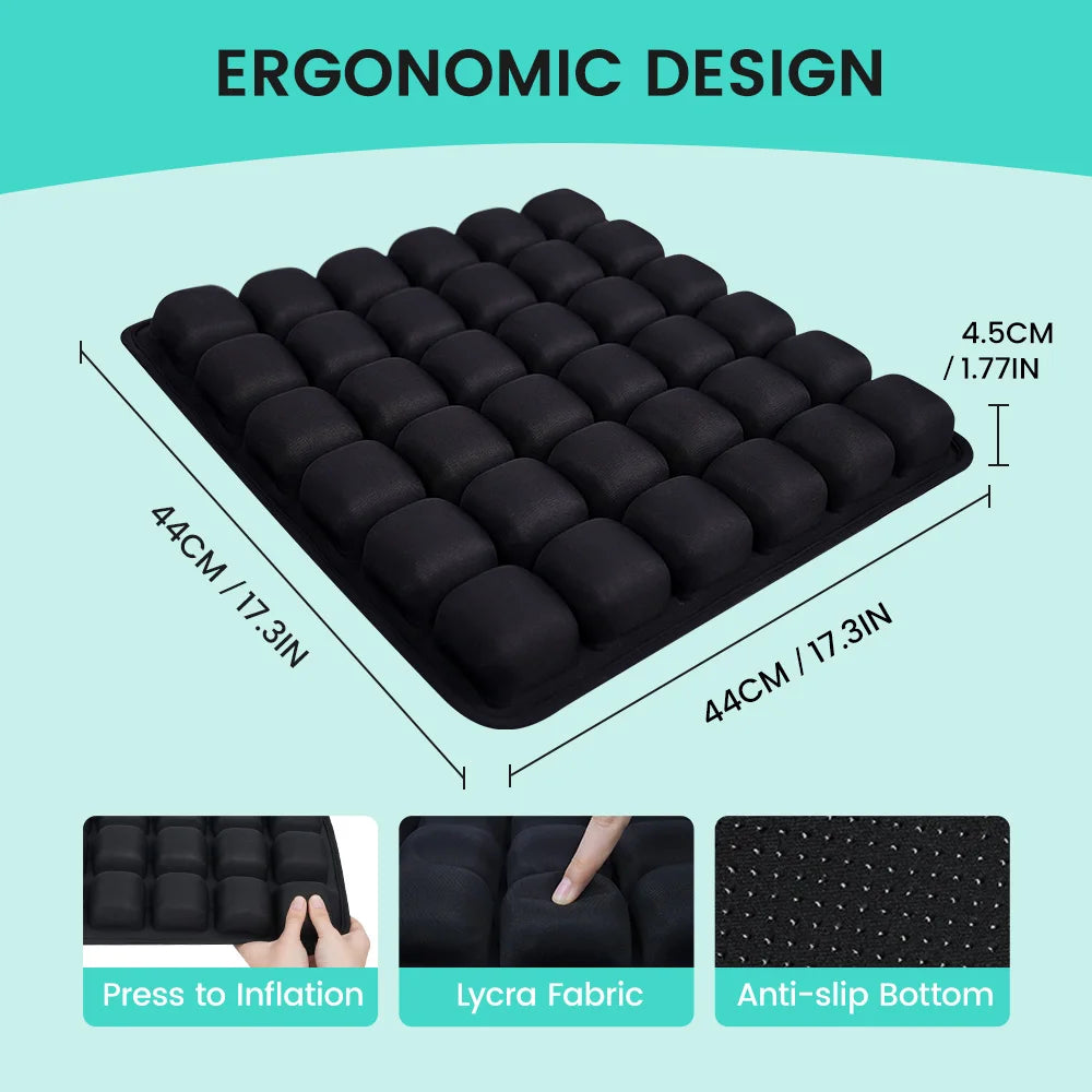 Black ergonomic seat cushion with measurements and features on a teal background
