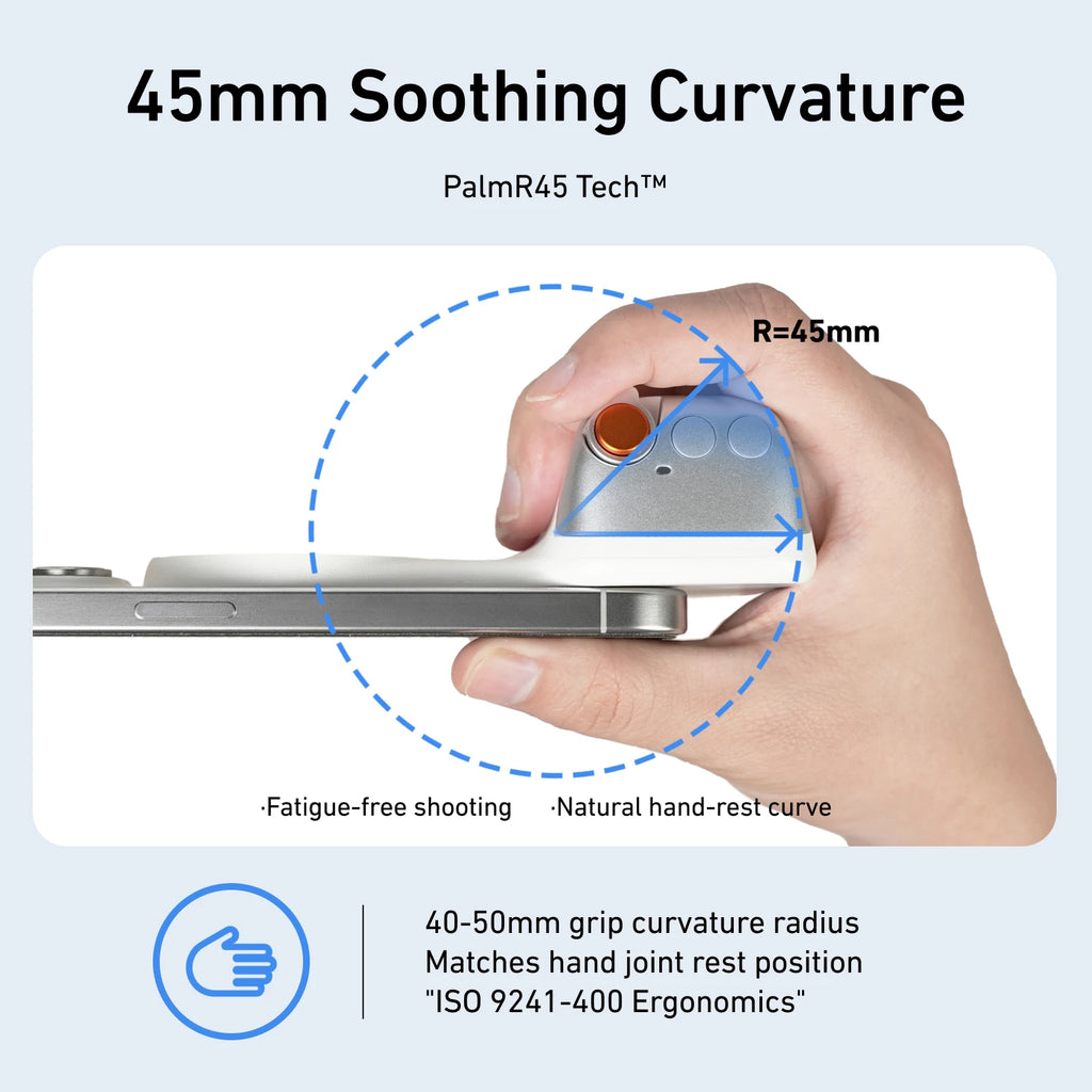 Hand holding a smartphone with ergonomic design features labeled '45mm Soothing Curvature' and 'PalmR45 Tech'.