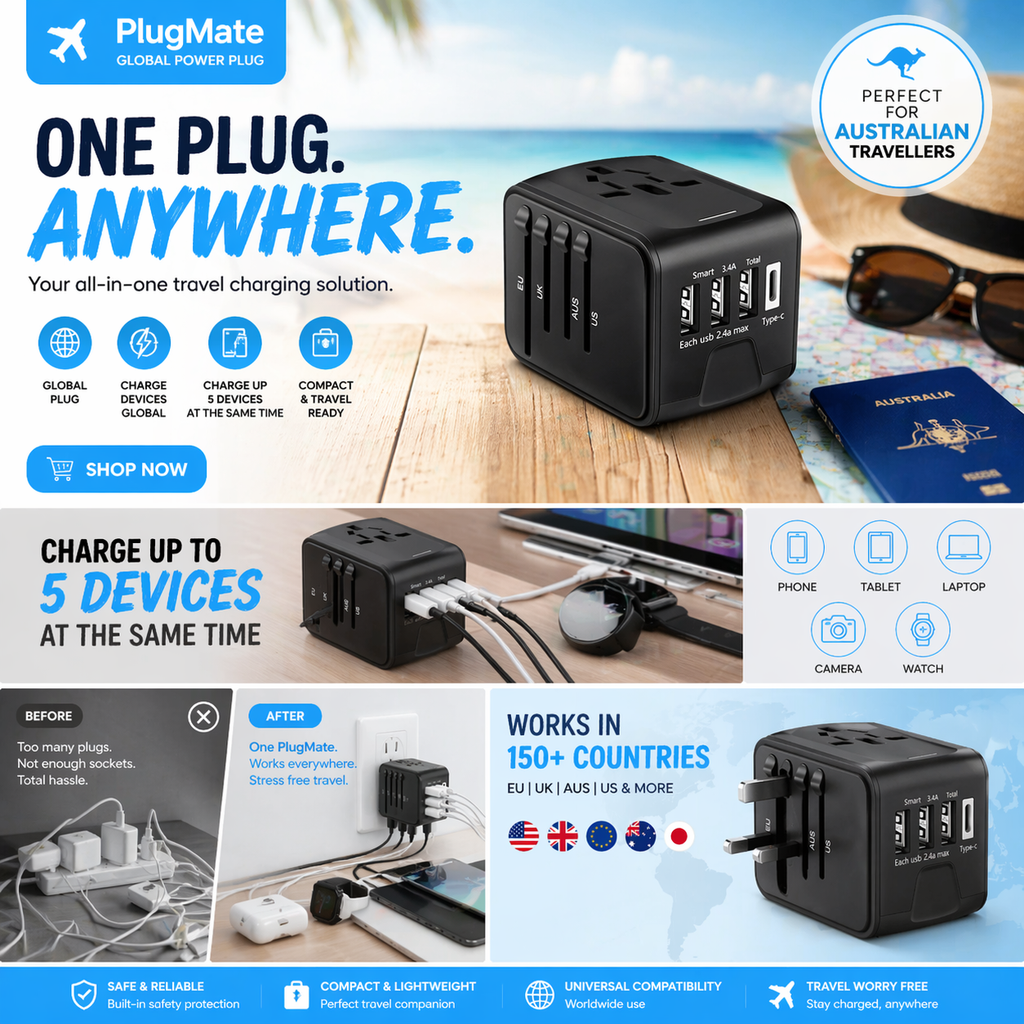 PlugMate Universal Travel Adapter shown from the side, highlighting its compact travel design - travel gear