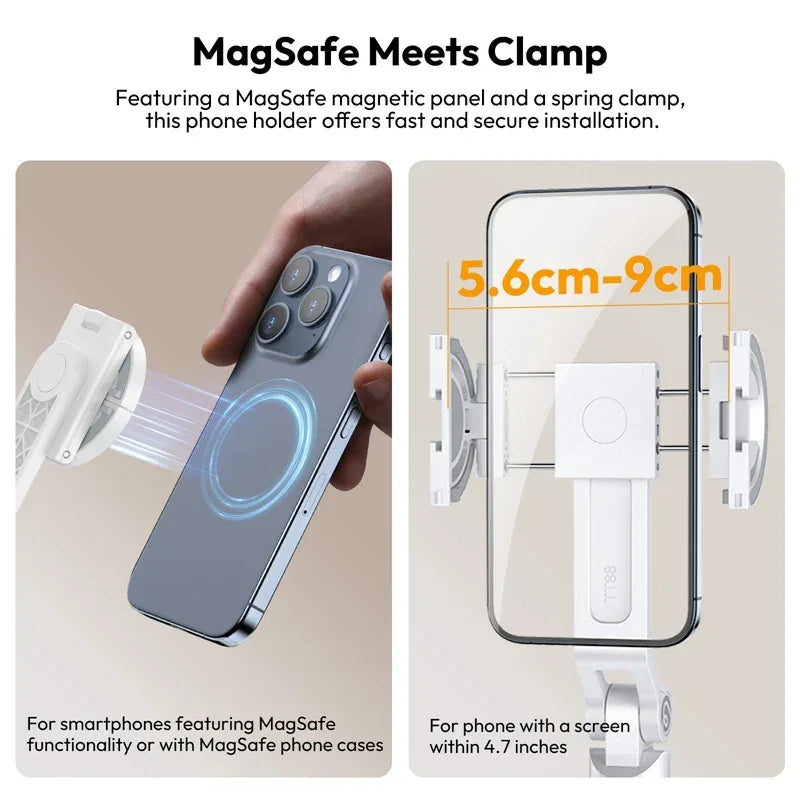 Product image Phone holder with MagSafe magnetic panel and spring clamp, featuring text on installation and compatibility.