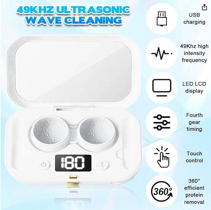 White ultrasonic cleaning device with features listed on a light blue  Portable Ultrasonic Contact Lens Cleanerbackground