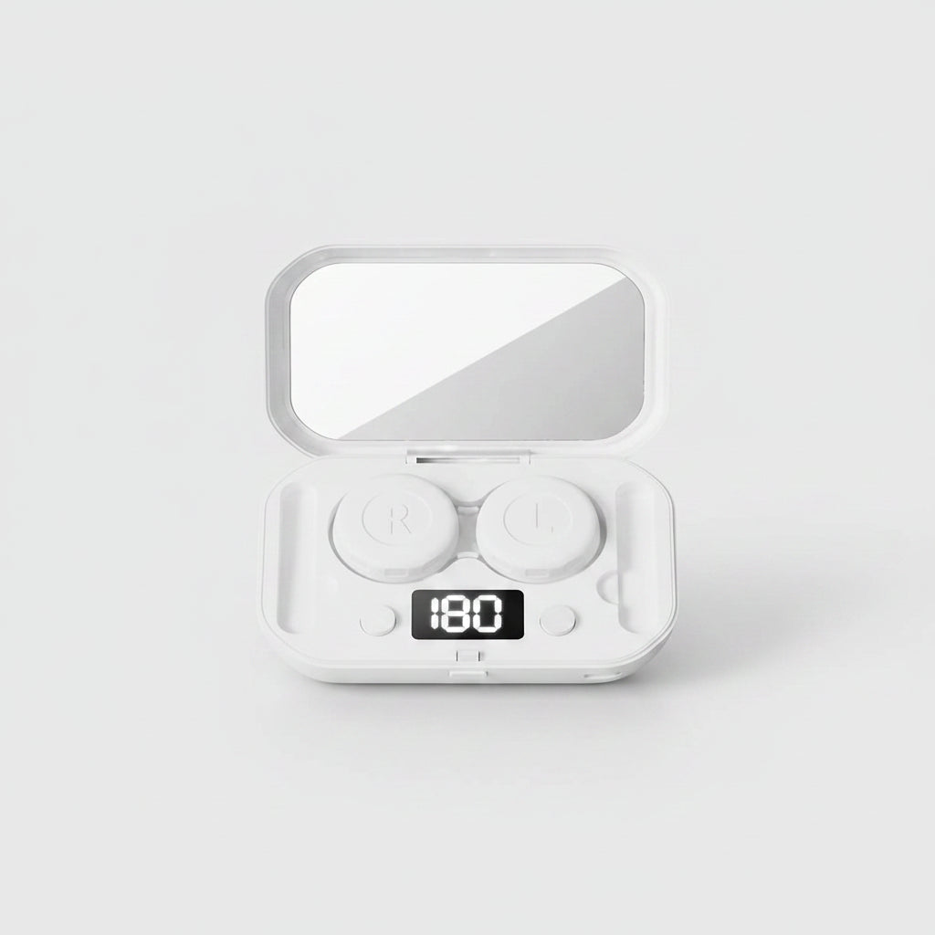 White electronic device with buttons on a blue background, displaying text about operation.