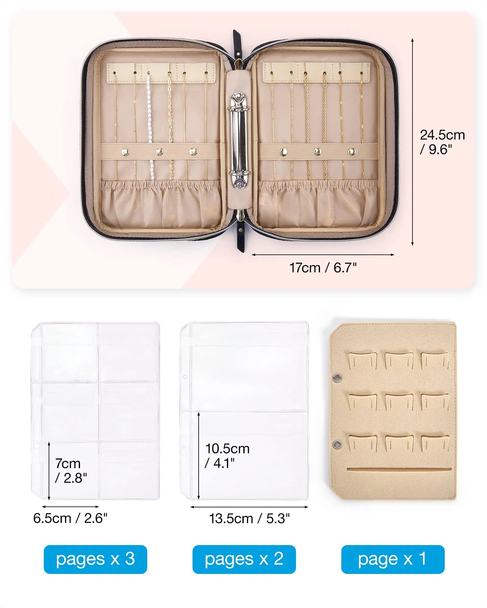 Jewelry organizer with dimensions and page details on a light pink background Portable jewelry travel organizer for rings earrings and necklaces