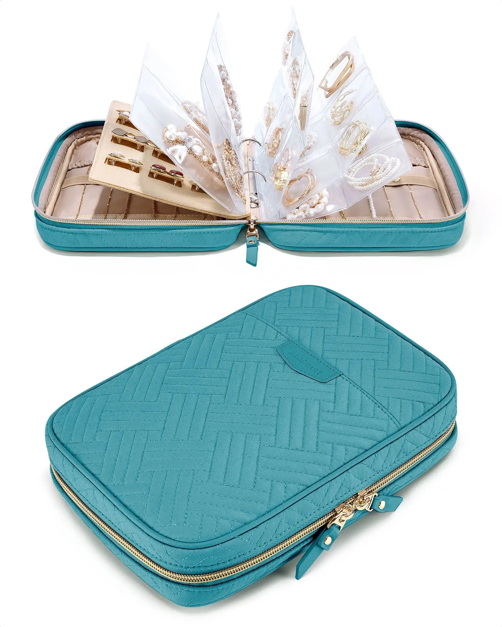 Teal jewelry case with open lid showing jewelry on a white background Portable jewelry travel organizer for rings earrings and necklaces blue