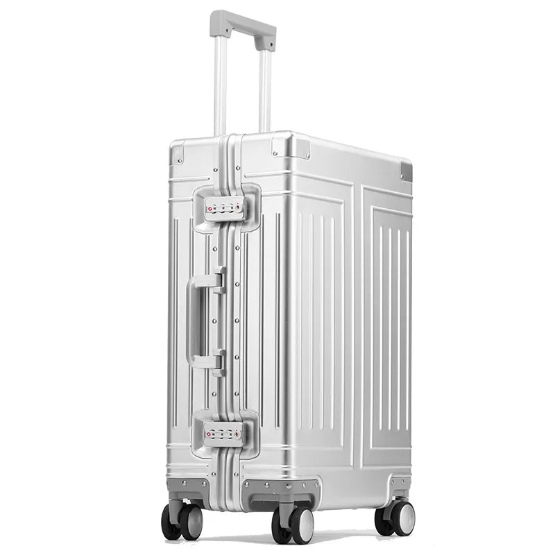 Silver suitcase with wheels on a white background