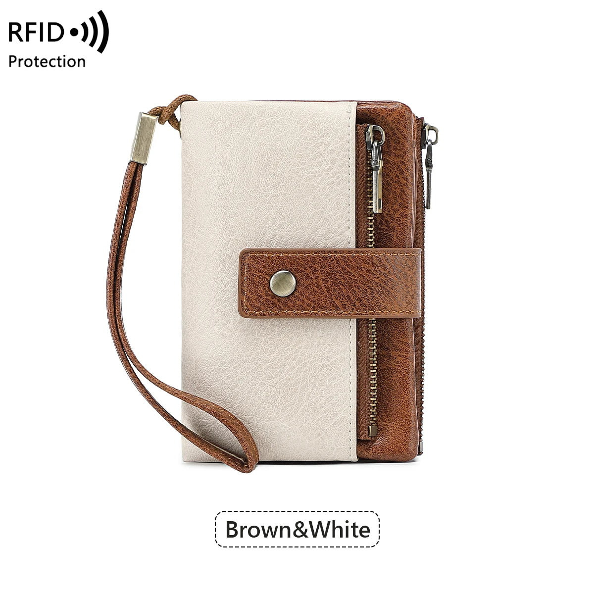 Brown and white wallet with RFID protection on a white background