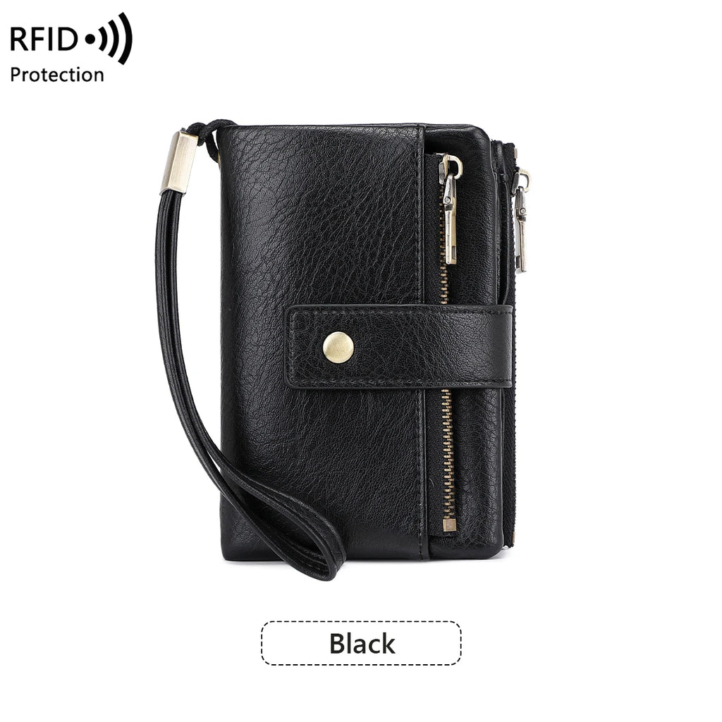 Black leather crossbody bag with RFID protection on a white background