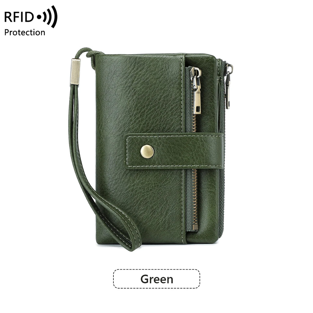 Green leather wallet with RFID protection on a white background