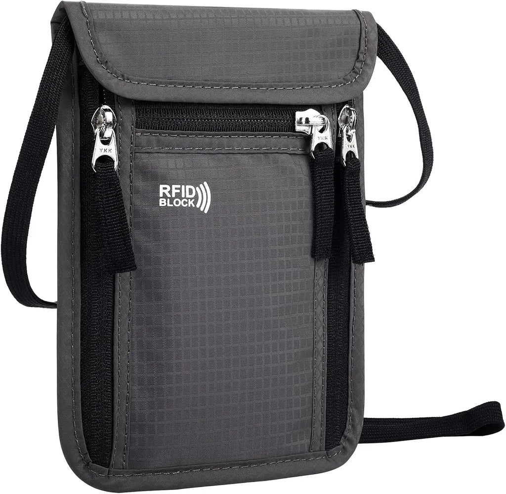 Gray RFID blocking pouch with black straps on a white background