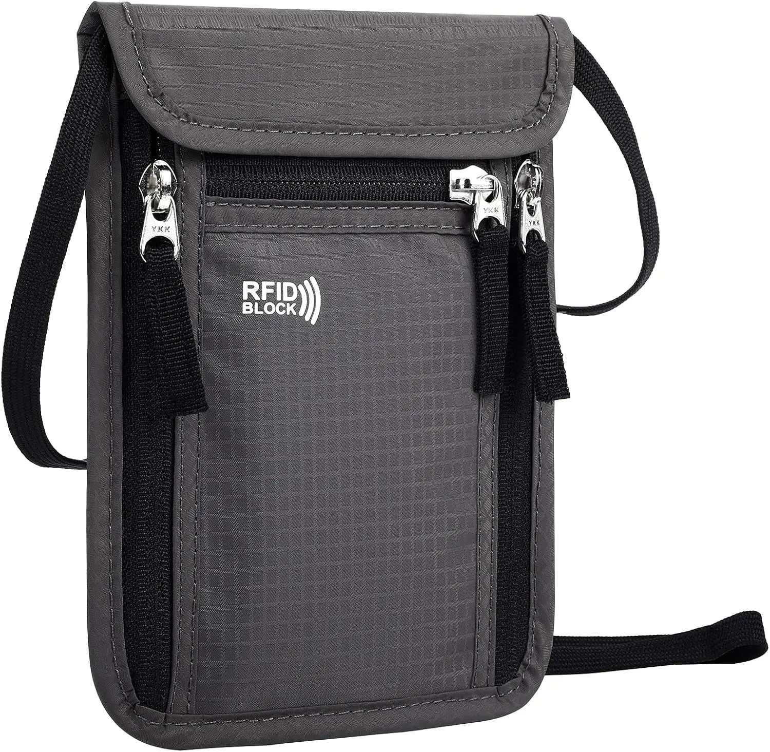 Gray RFID blocking pouch with black straps on a white background