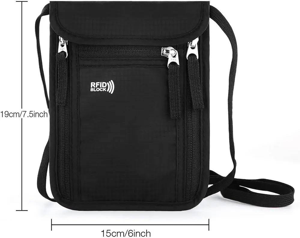 Black crossbody bag with RFID blocking feature and measurements on a white background
