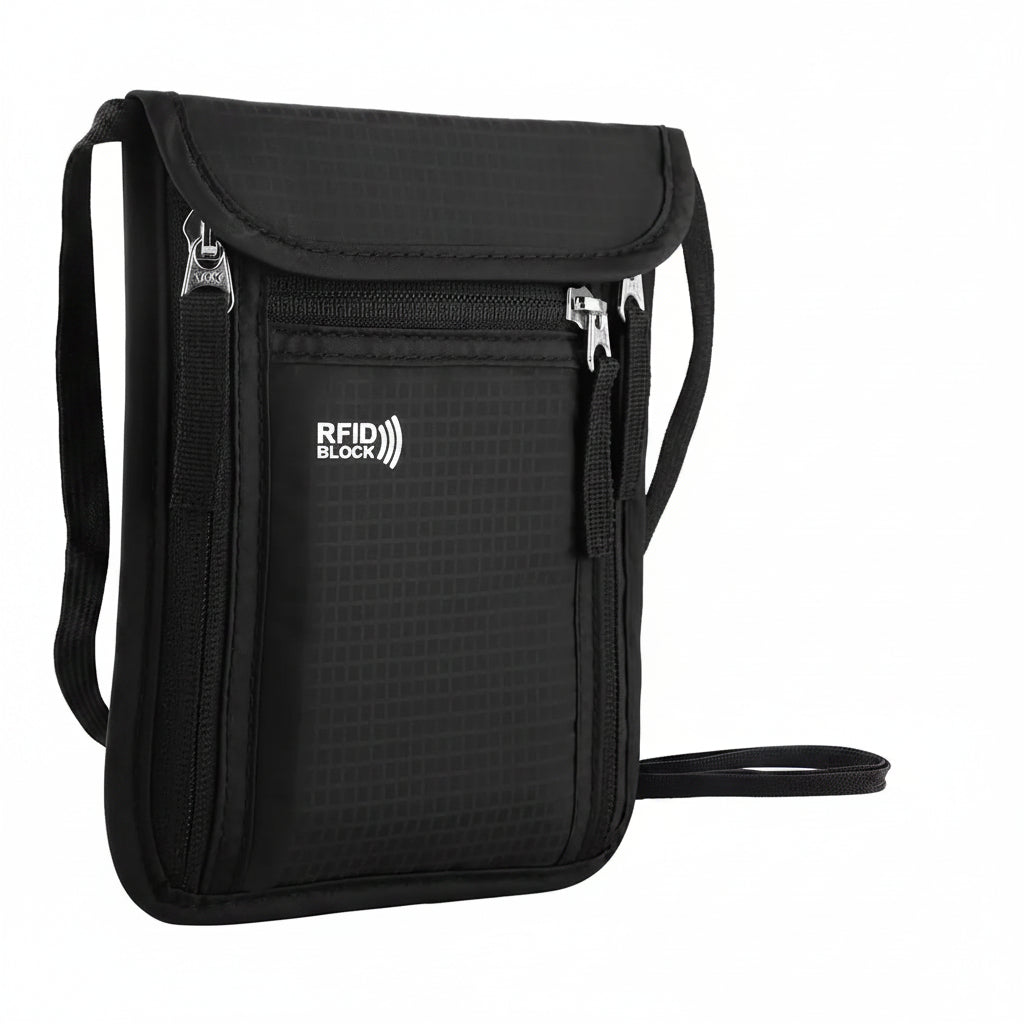Black RFID blocking pouch with visible branding on a white background