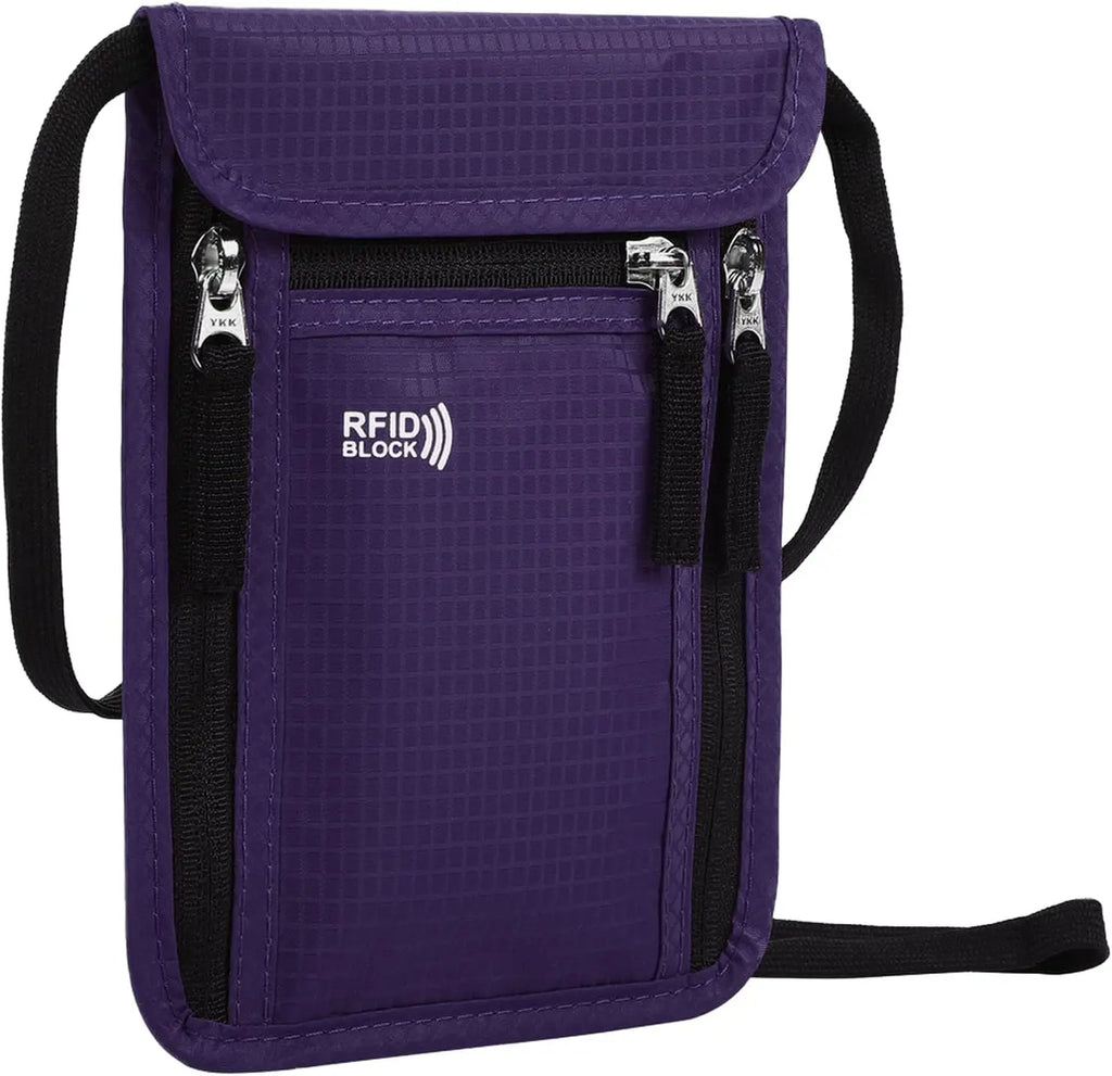 Purple RFID blocking pouch with black straps on a white background