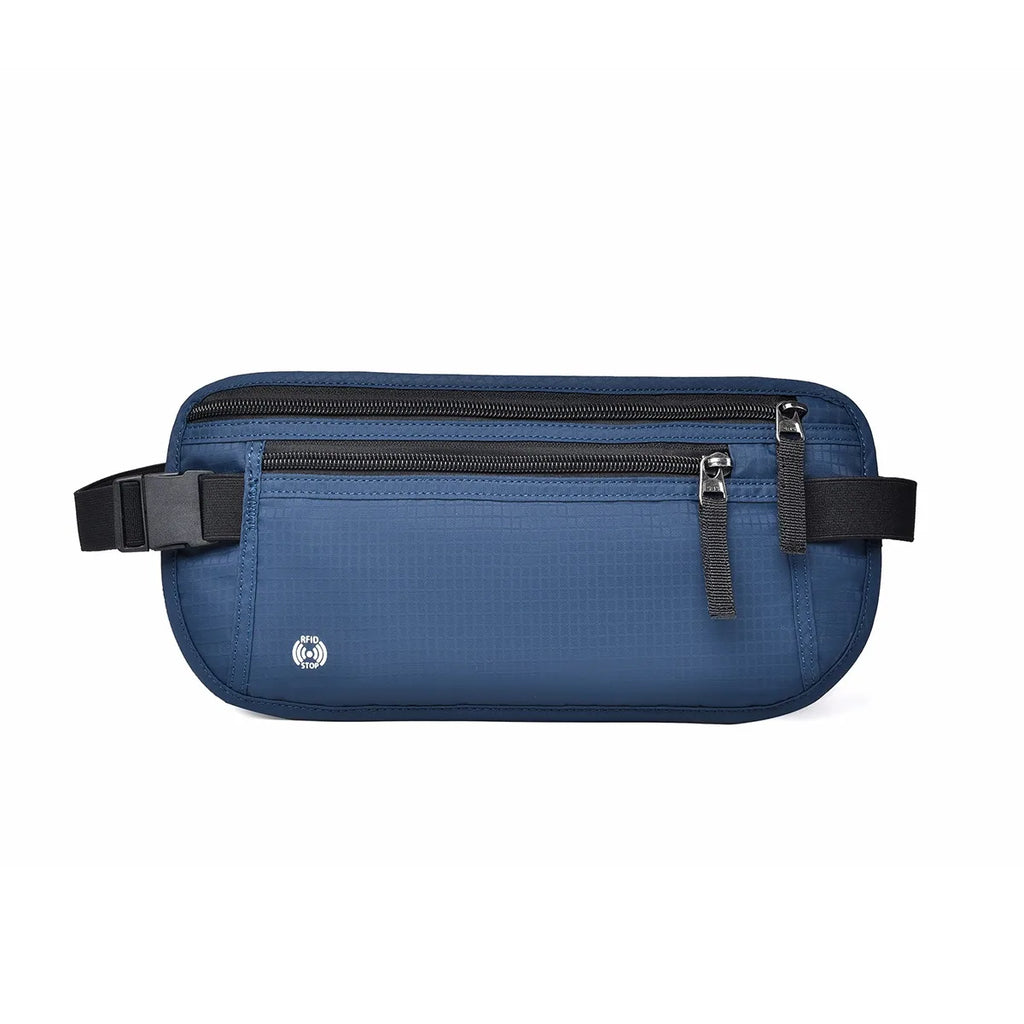 PasSafeBelt RFID waist pouch open showing passport phone cards and travel documents