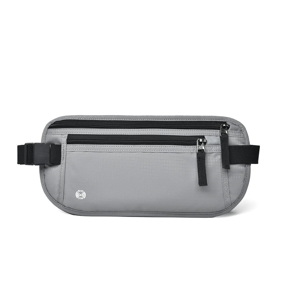 PasSafeBelt travel money pouch flat lay with passport cards cash and travel essentials