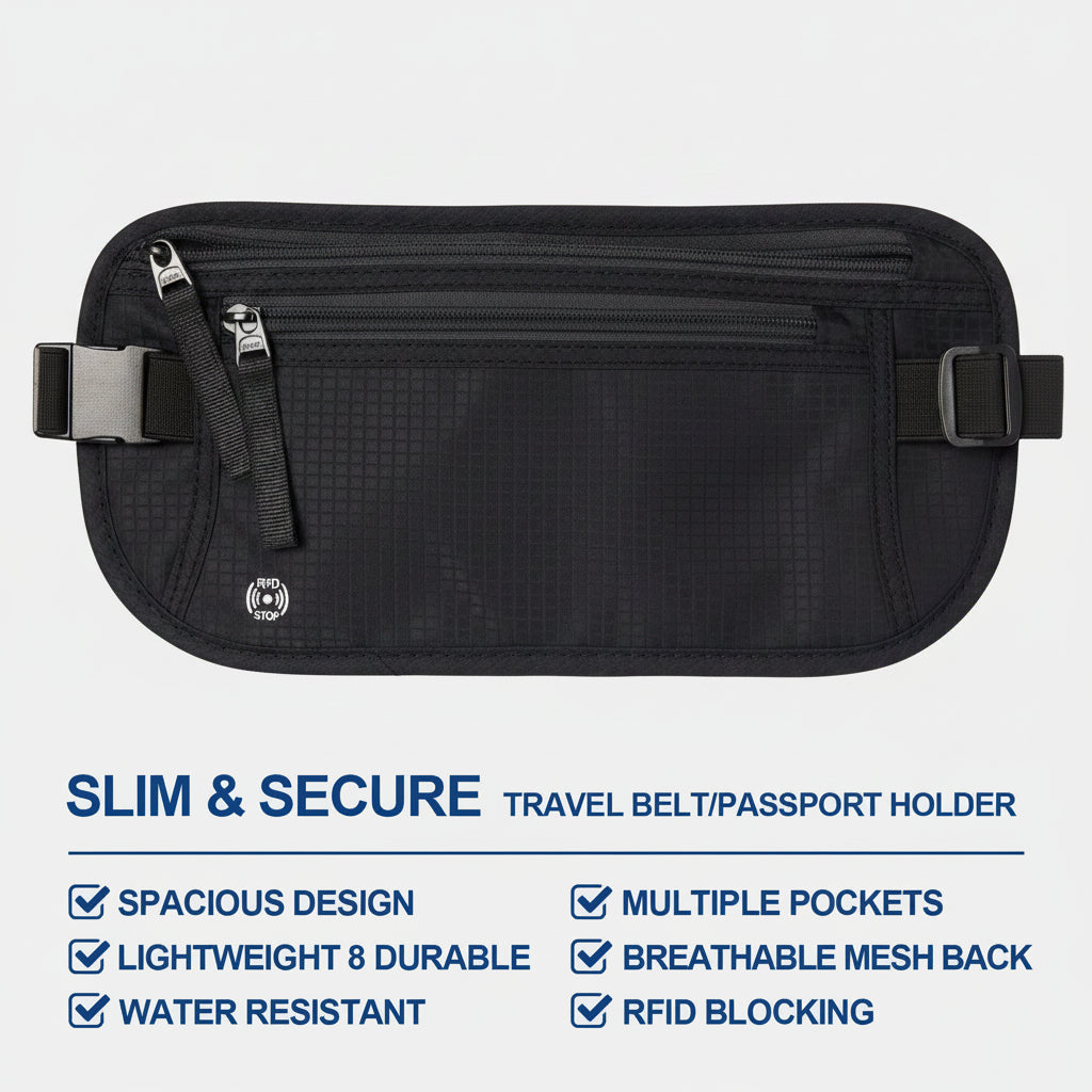 PasSafeBelt RFID money belt side view showing slim profile under clothing