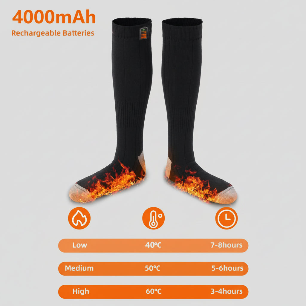 Heated socks with flame design on a snowy mountain background, featuring battery information.