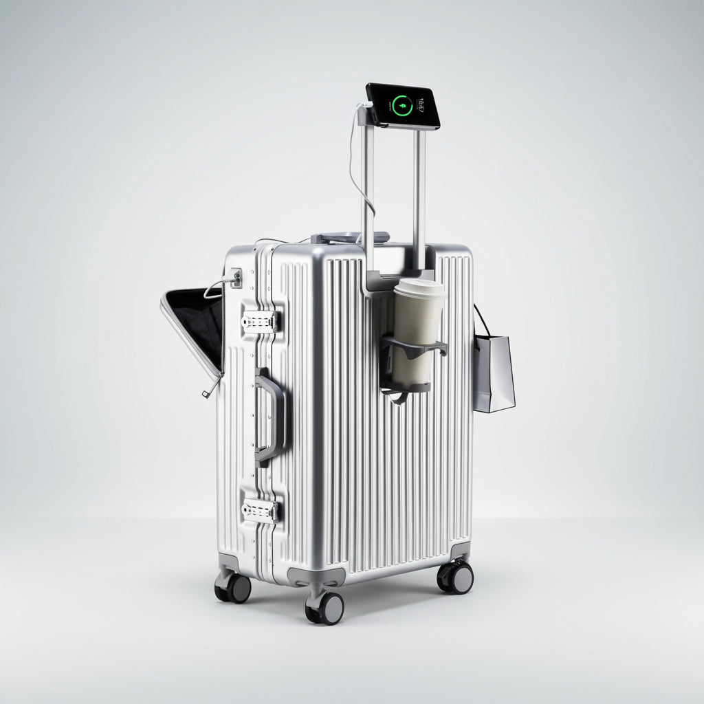 Front view of retro-style suitcase with modern travel features and sleek design