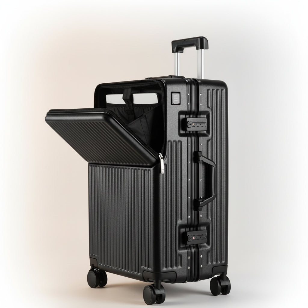 RetroVault travel suitcase side profile black front pcoket open