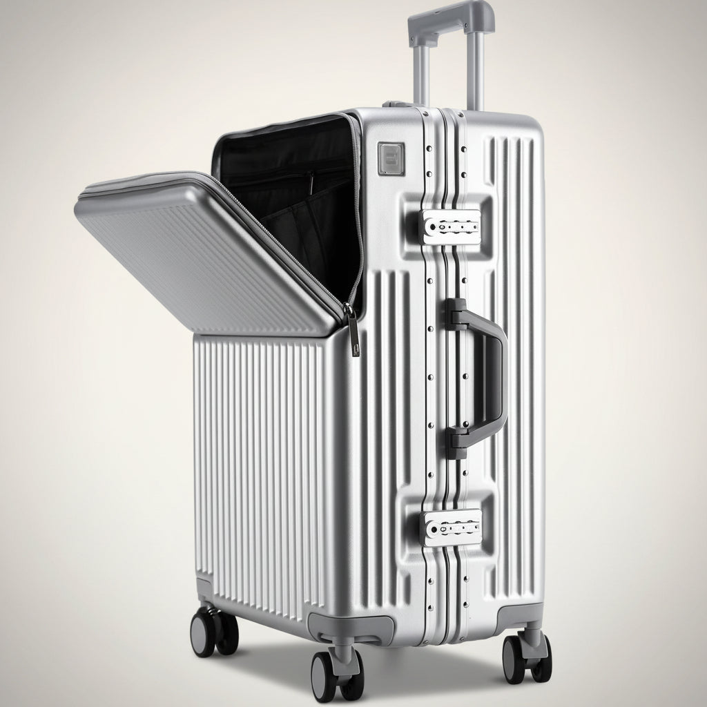 RetroVault travel suitcase side profile black front pocket silver open