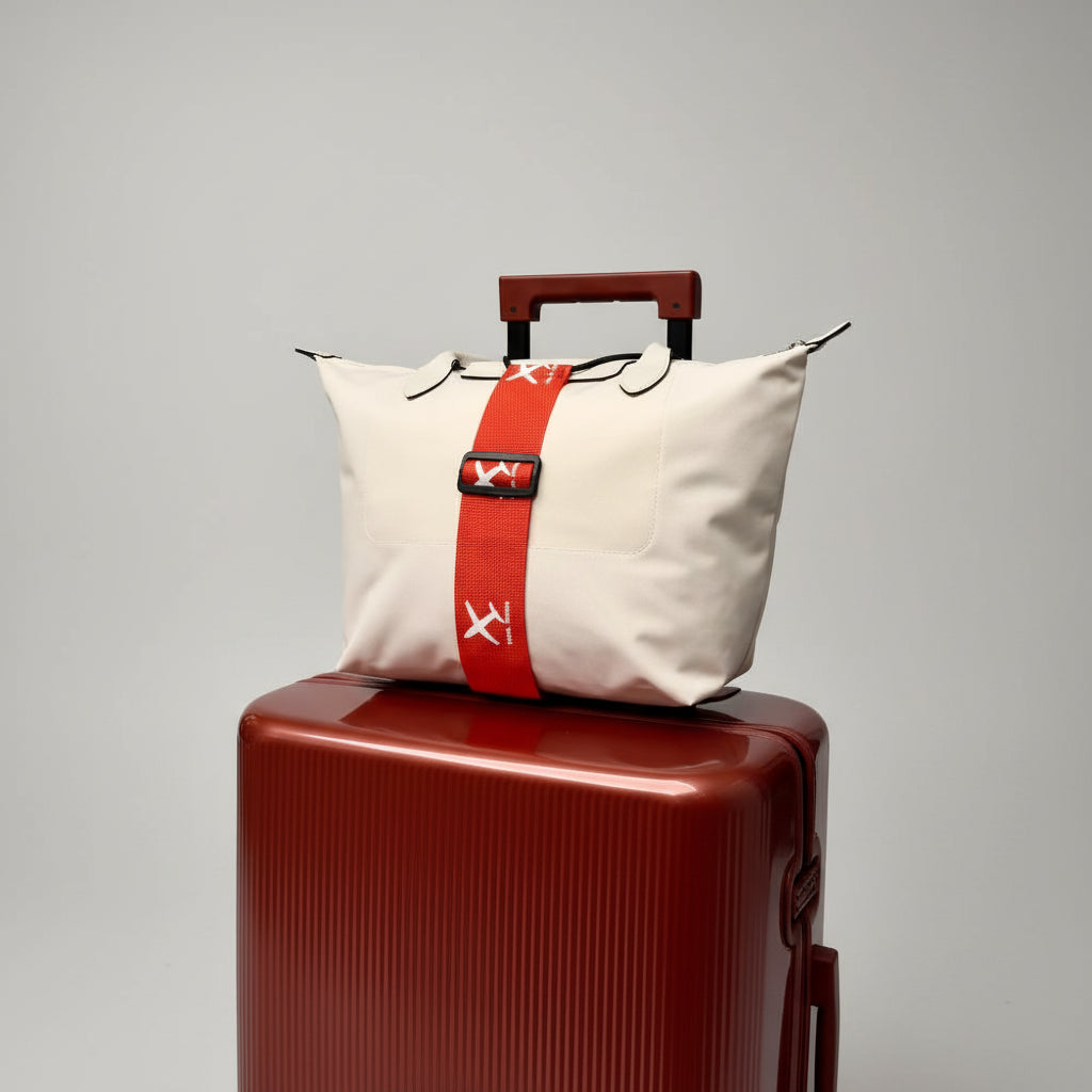 BagLink Travel Luggage Connector Strap shown in use during travel, demonstrating its everyday convenience - travel bag