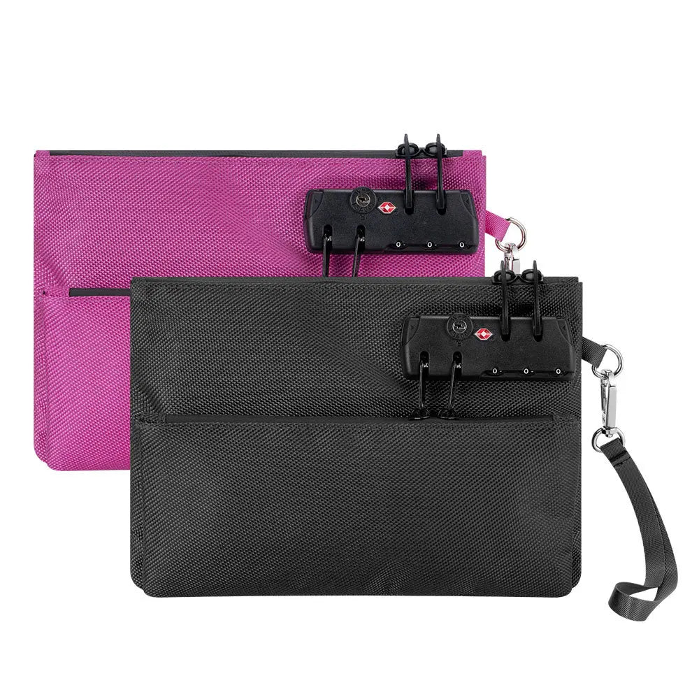 Black and pink pouches with straps on a white background