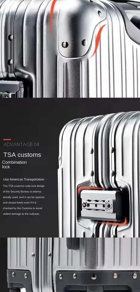 Premium aluminium magnesium alloy spinner suitcase in use rolling through airport terminal Australia