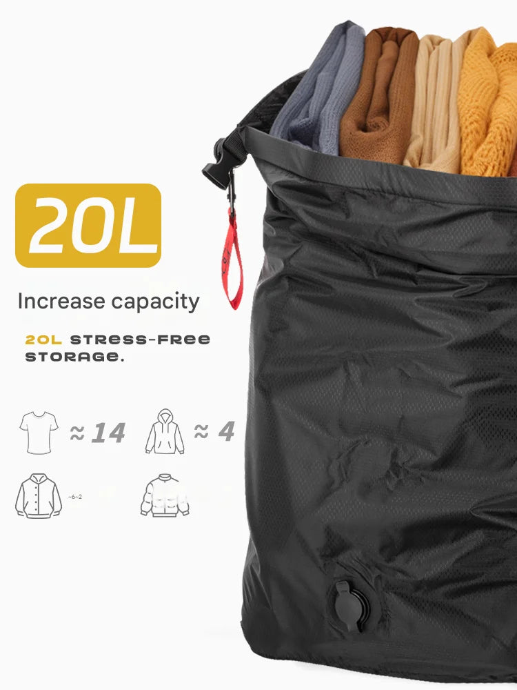 Vacuum compression bag side view showing airtight zip seal and roll-to-compress design