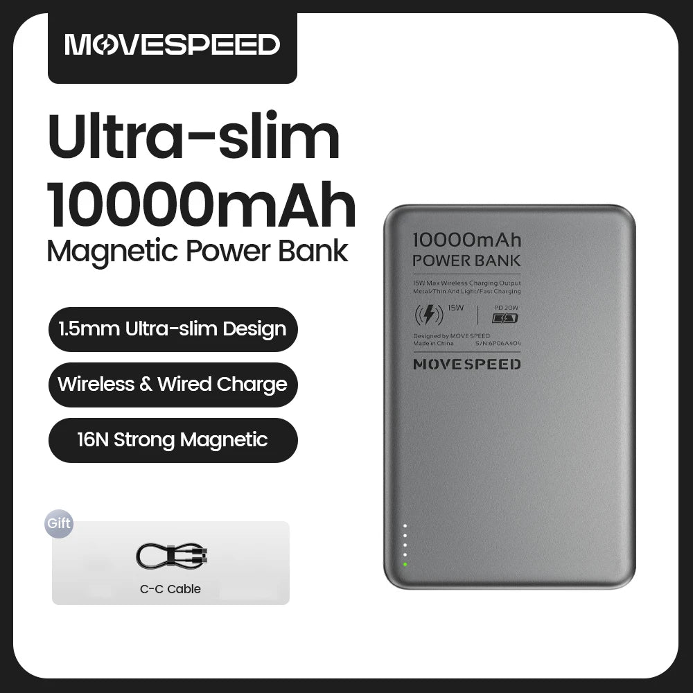 Slim magnetic power bank packaging and included USB-C cable travel charger