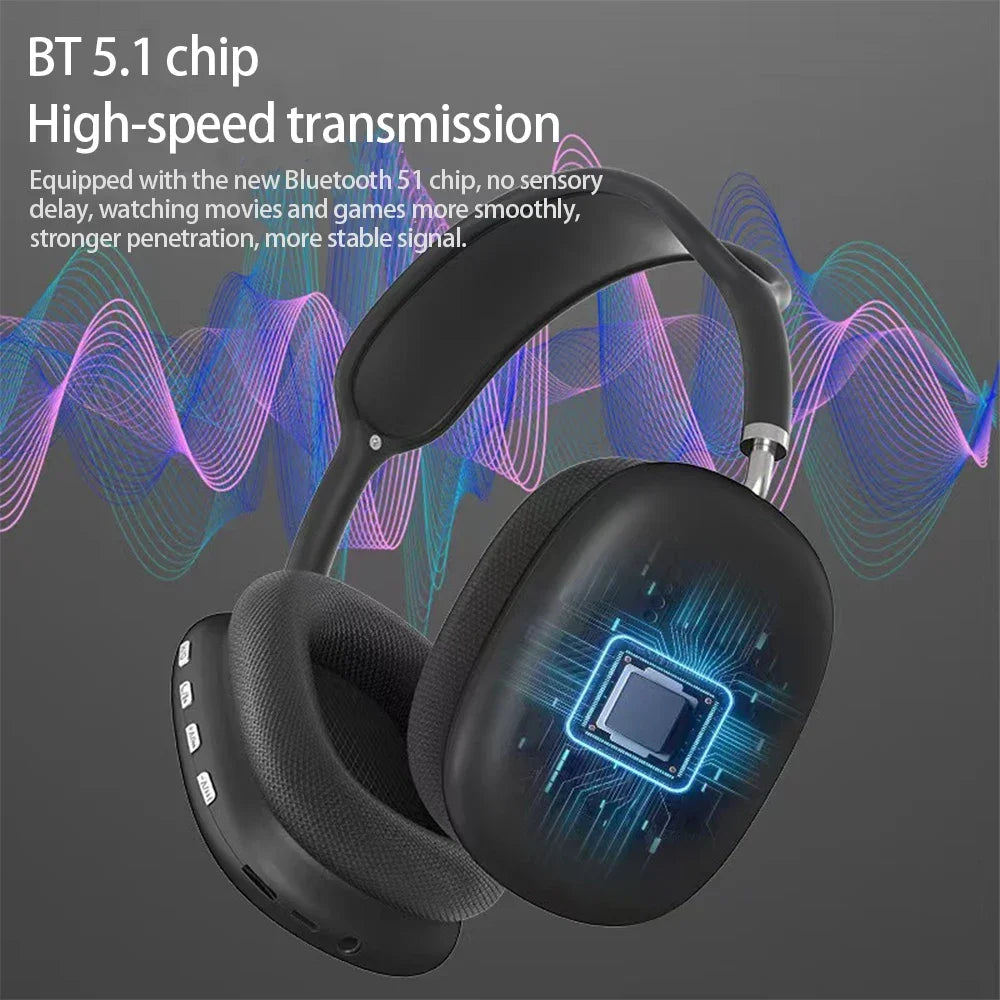 Black wireless headphones with BT 5.1 chip feature on a gray background