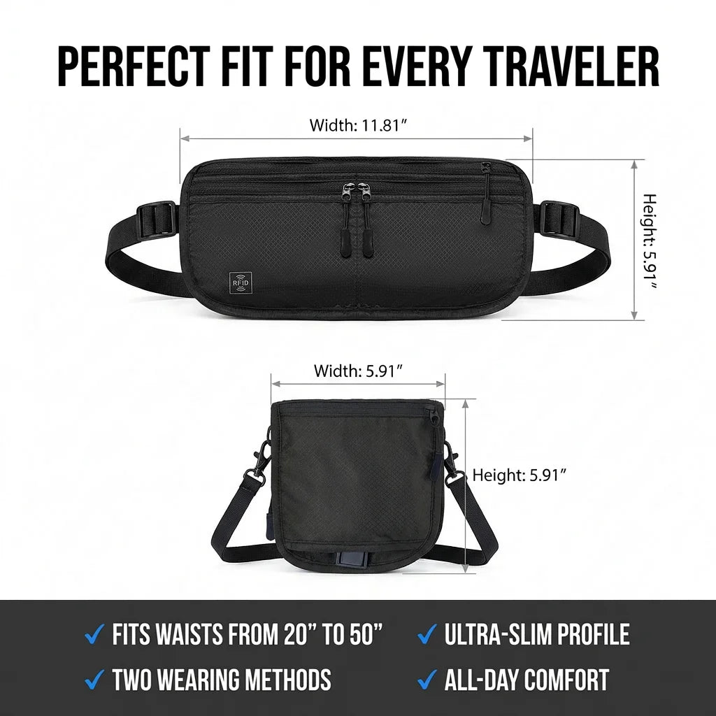 WaistGuard travel money belt worn at waist hidden under shirt pickpocket proof