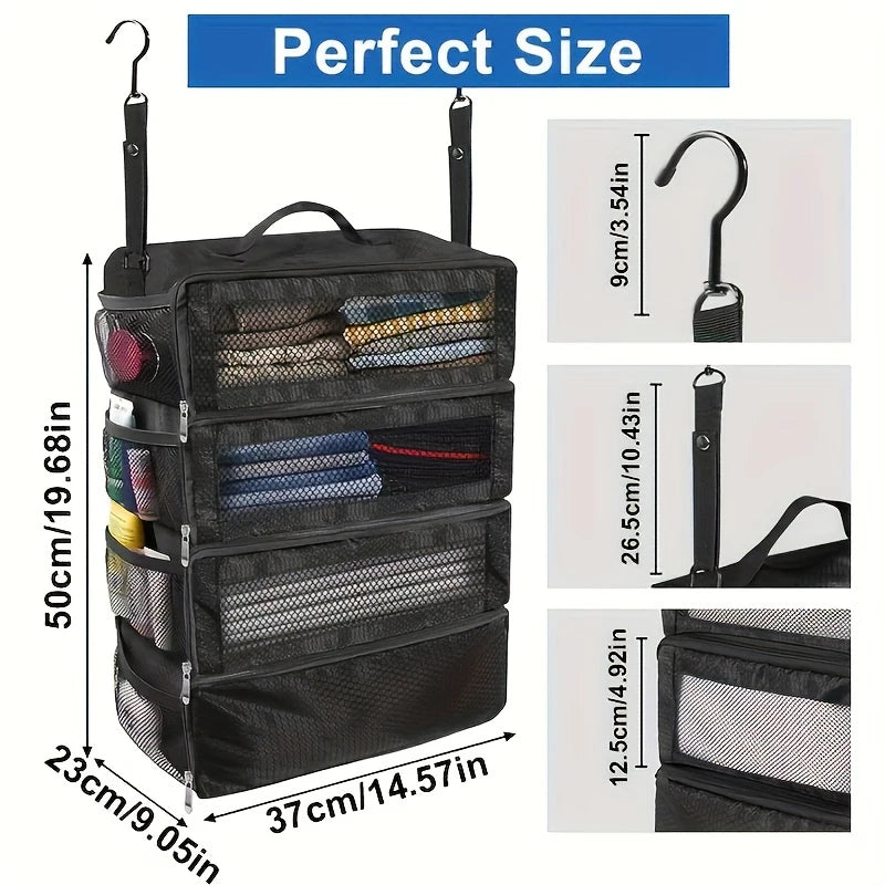Hanging luggage organiser expanded showing multiple compartments hotel wardrobe