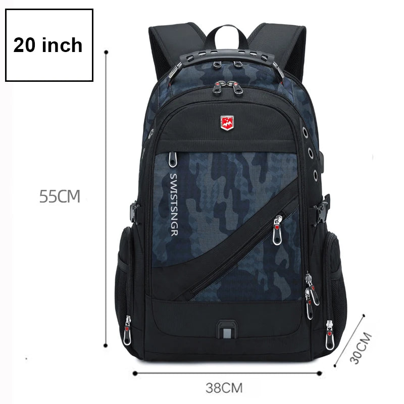 Black and blue camouflage backpack with measurements on a white background
