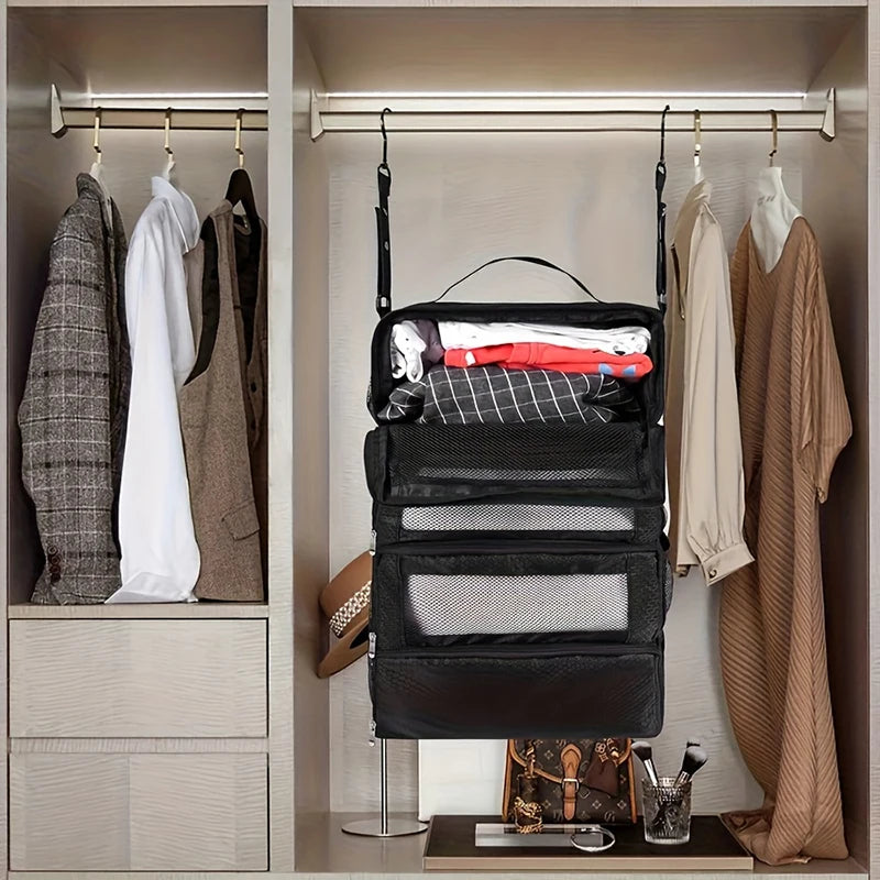 Suitcase hanging shelf organiser folded flat compact suitcase packing system