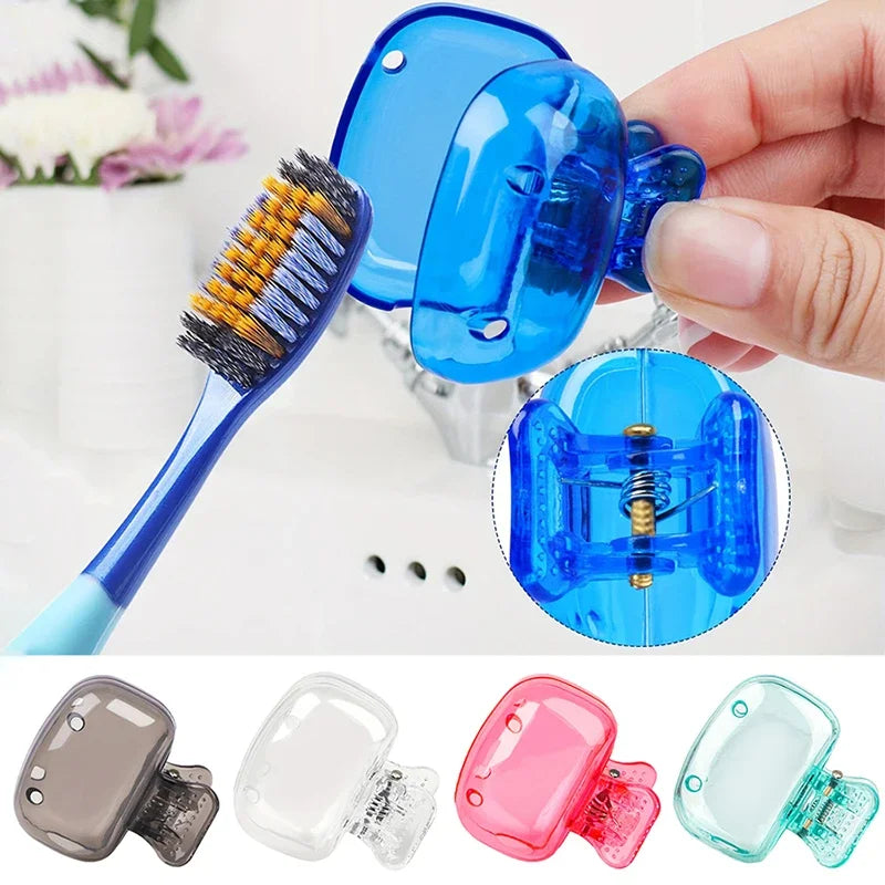 Travel toothbrush head cover hygienic protective cap blue pink clip-on brush protector