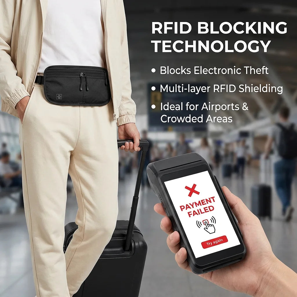 WaistGuard RFID money belt open showing passport cards cash and travel document storage