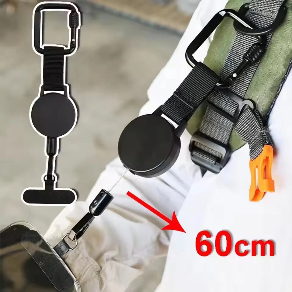 Phone tether clip attached to backpack strap anti-theft travel phone security