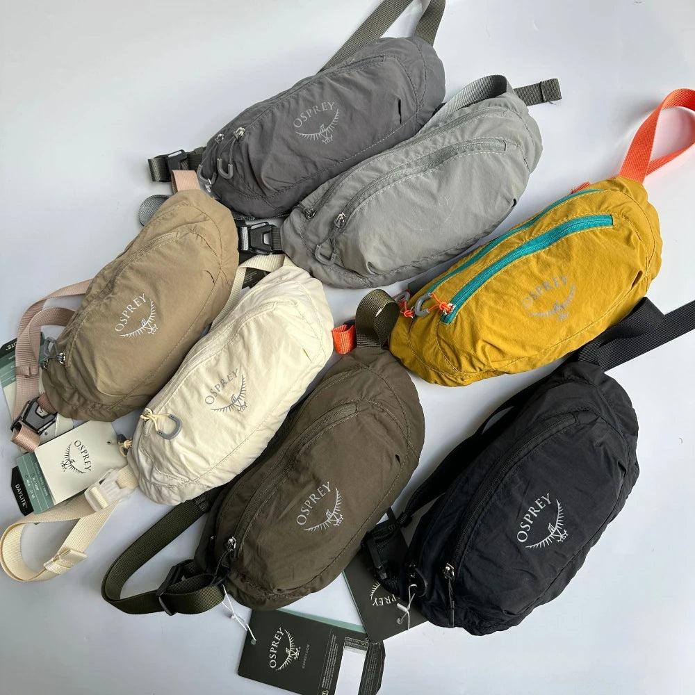 Product image of Collection of Osprey waist bags in various colors on a white background
