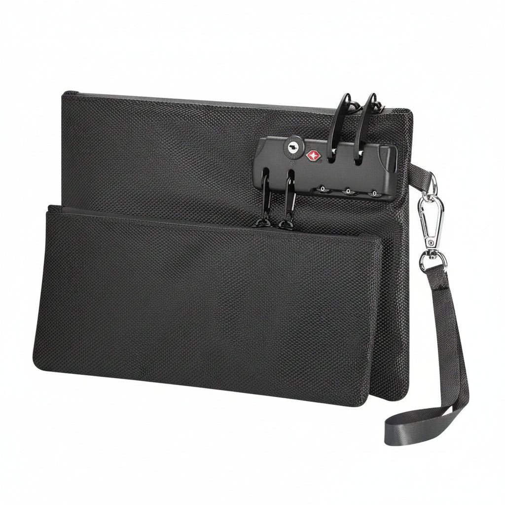 Black clutch bag with a knife attachment on a white background