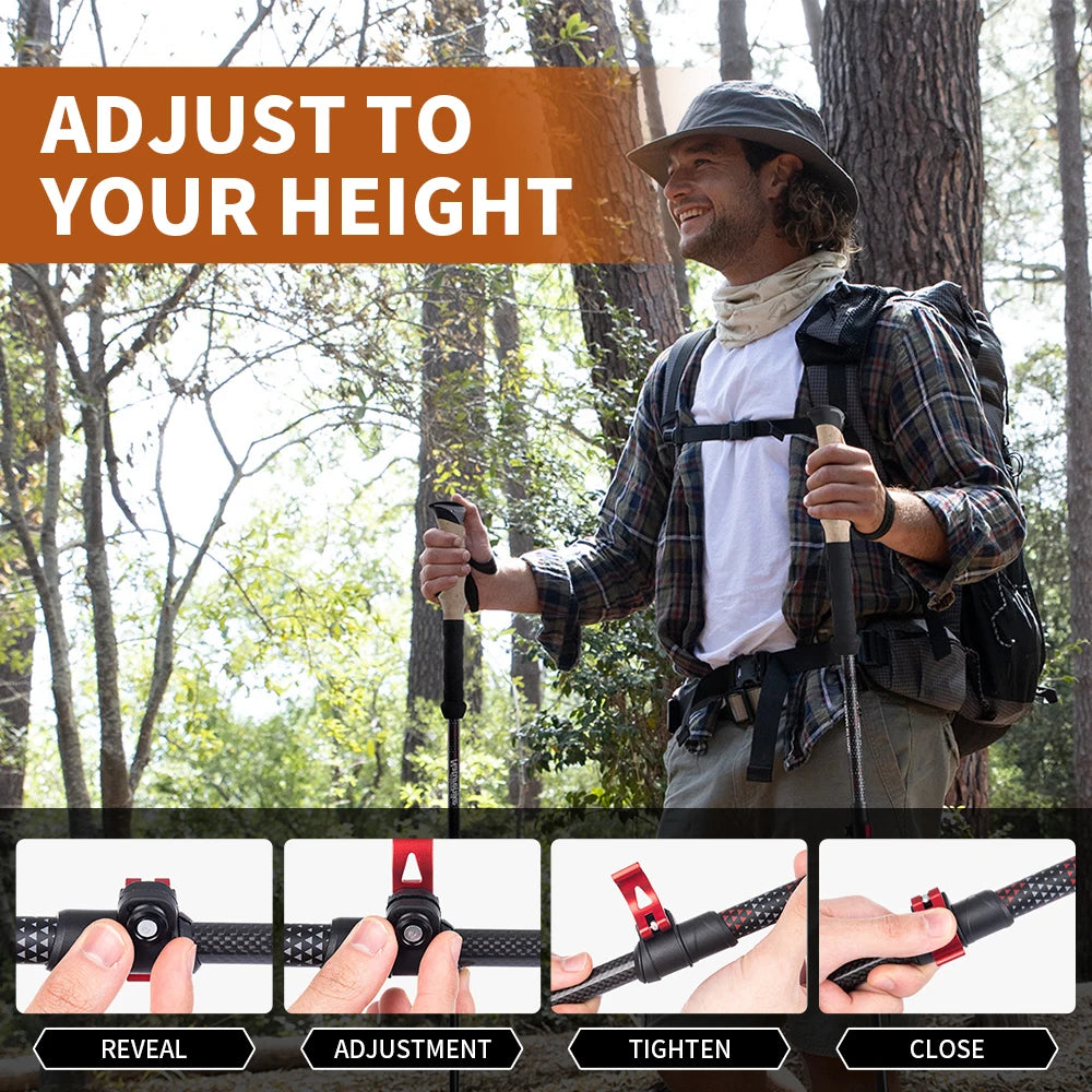 Collapsible carbon trekking poles folded compact strapped to backpack hiking travel
