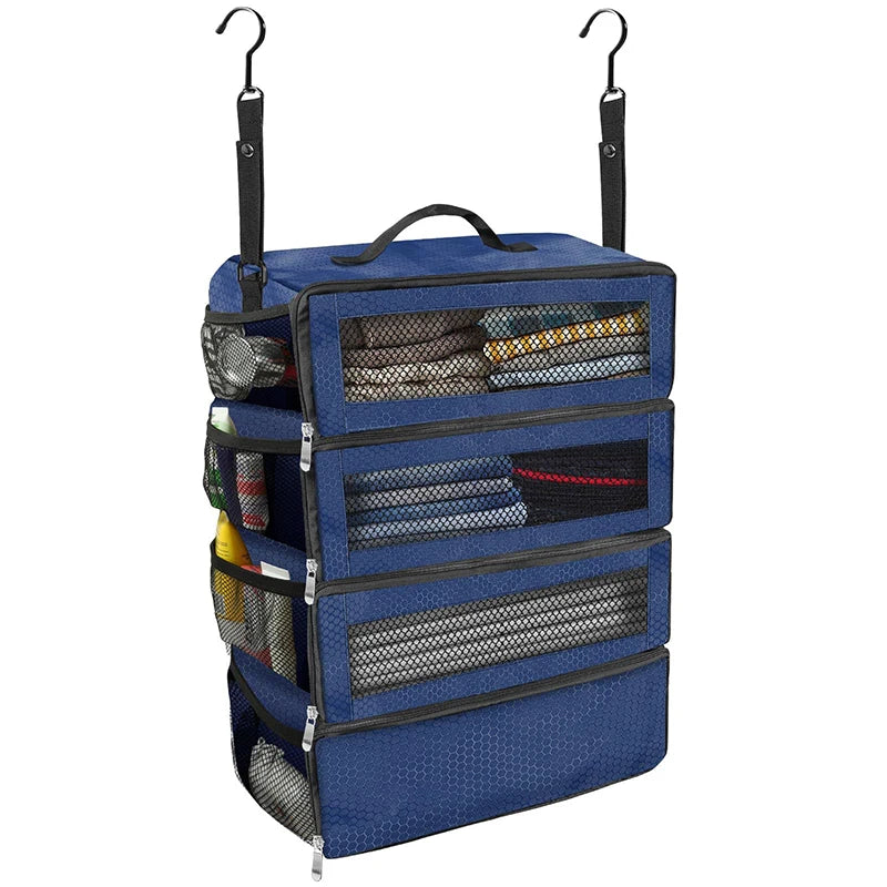Foldable hanging travel wardrobe blue family packing compartments luggage storage