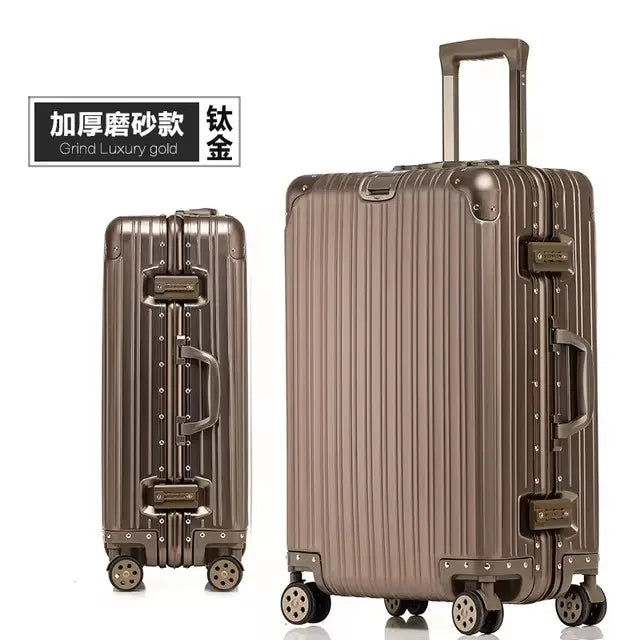 High Quality 100% Aluminum-magnesium alloy material 20/24/26/29 size travel Luggage Spinner brand – flat lay with contents
