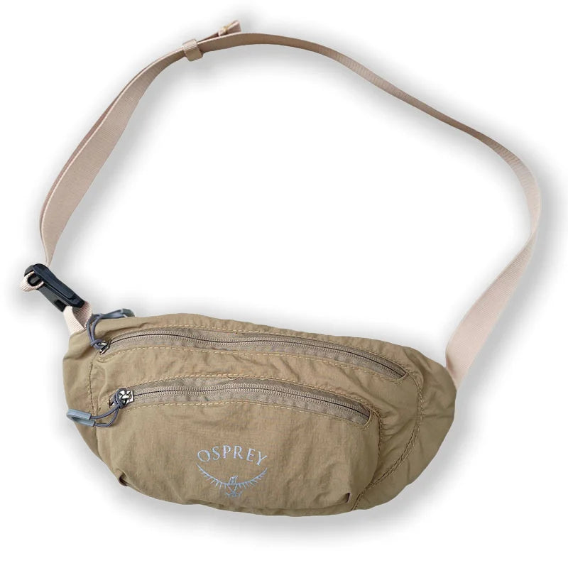 Product image of Kaki Osprey waist bag with a beige strap on a white background