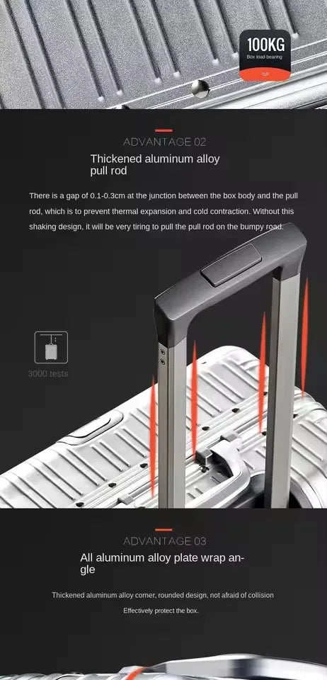 Aluminium magnesium alloy suitcase close-up TSA combination lock and reinforced alloy corner detail