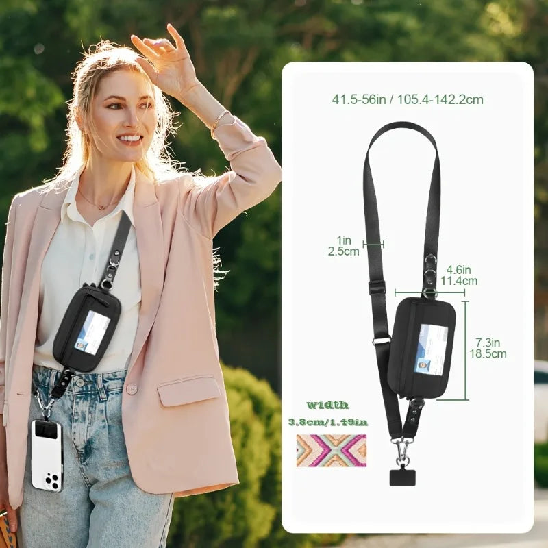 Travel phone lanyard close-up wallet pouch card slots and secure anti-theft clip detail