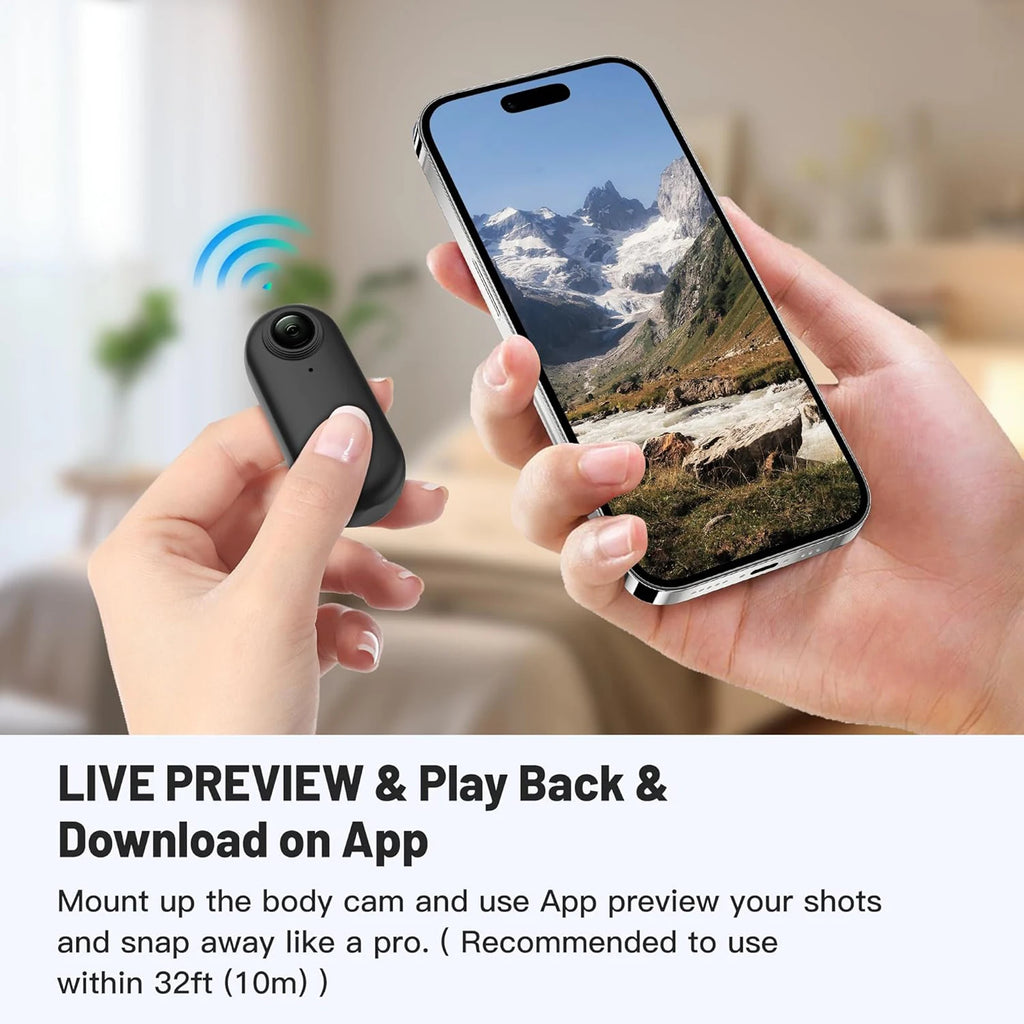 Person holding a smartphone with a mountain view and a small black camera device, with text about live preview and app functionality.