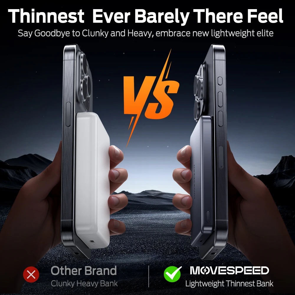 MagSafe compatible slim power bank side view showing ultra-thin profile and USB-C port